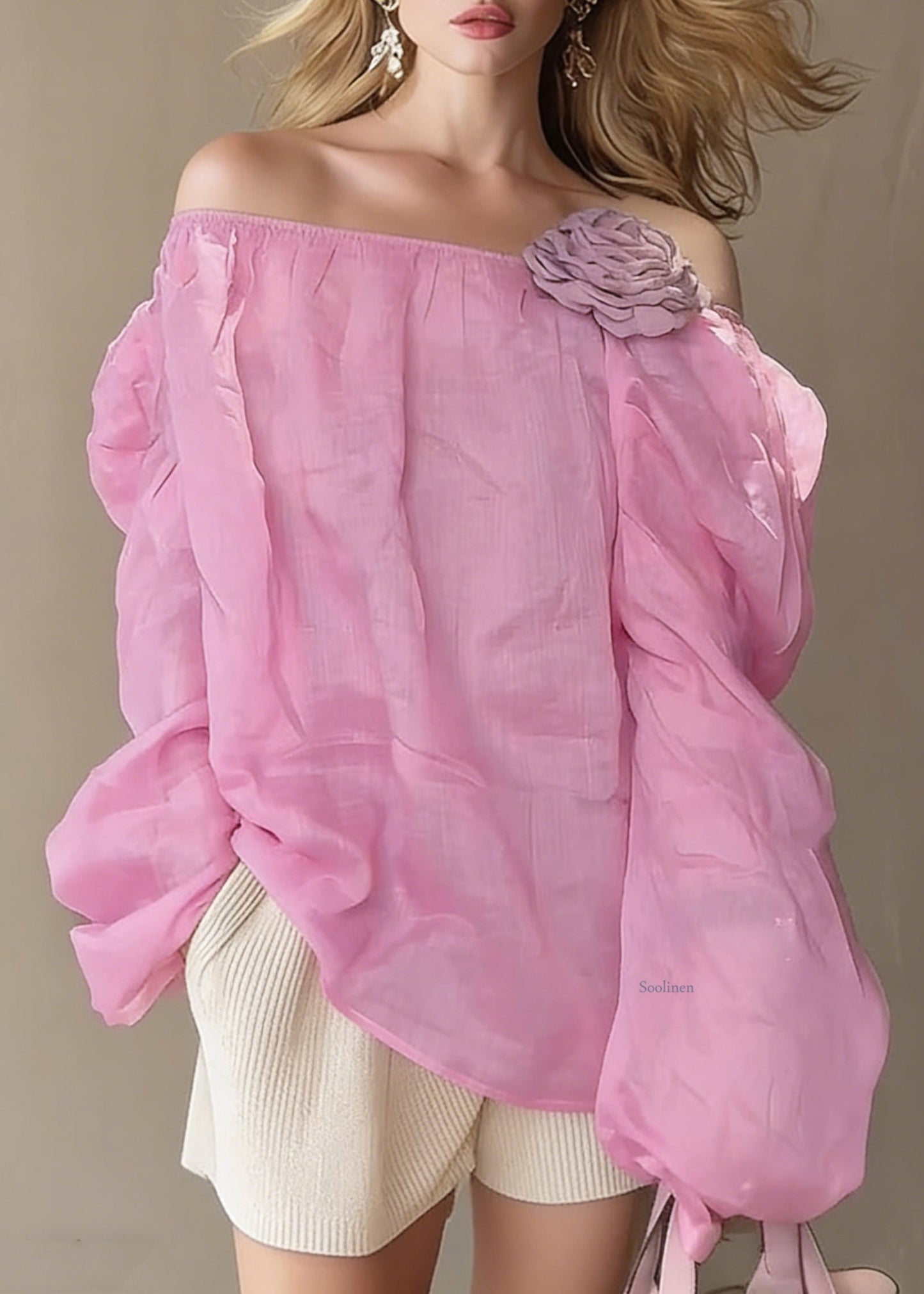 Loose Pink Slash Neck Floral Solid Cotton Blouses Spring