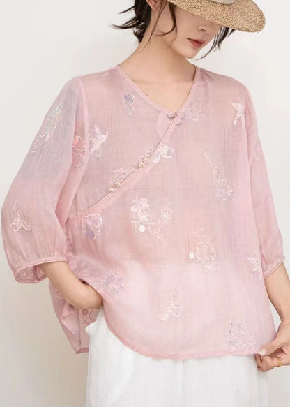 Loose Pink V Neck Embroidered Linen T Shirts Summer