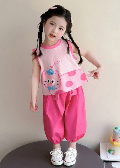 Loose Print Girls Vest And Crop Pants Two Pieces Set Summer