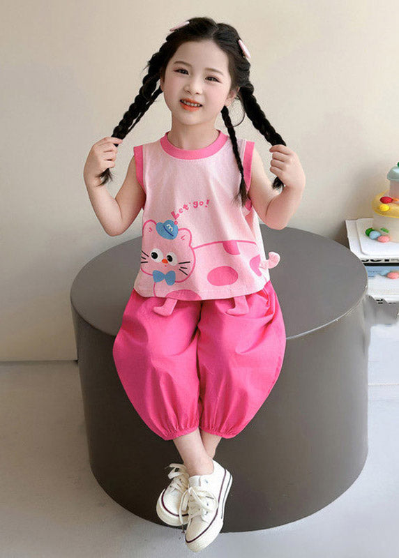 Loose Print Girls Vest And Crop Pants Two Pieces Set Summer