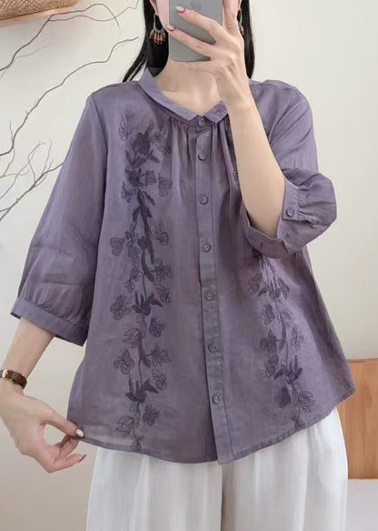 Loose Purple Embroidered Butterfly Linen Blouse Tops Summer