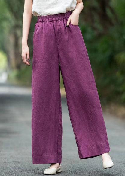 Loose Purple Pockets Solid Elastic Waist Linen Pants Summer
