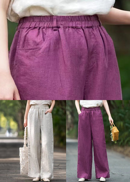 Loose Purple Pockets Solid Elastic Waist Linen Pants Summer