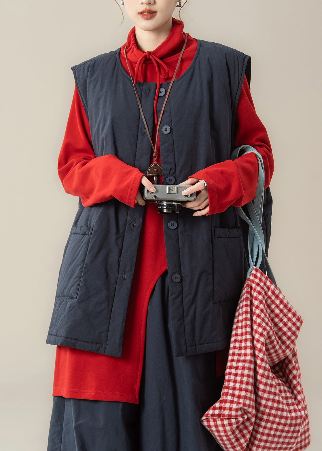 Loose Red Asymmetrical Drawstring Cotton Blouses Spring