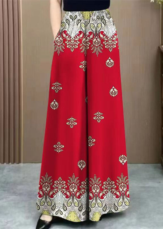 Loose Red Print Pockets Cotton Wide Leg Pants Summer