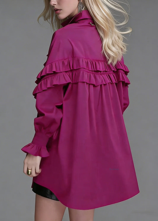 Loose Rose Ruffled Button Solid Cotton Blouse Lantern Sleeve