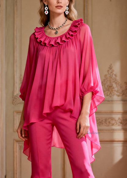Loose Rose Ruffled Low High Design Chiffon Two Pieces Set Spring