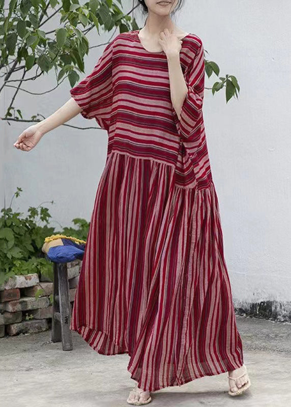 Loose Striped O-Neck Lace Up Cotton Long Dresses Batwing Sleeve