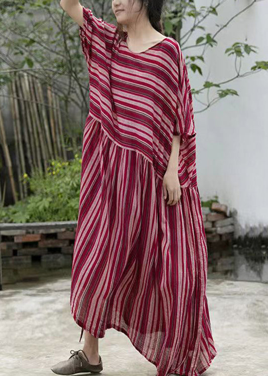 Loose Striped O-Neck Lace Up Cotton Long Dresses Batwing Sleeve