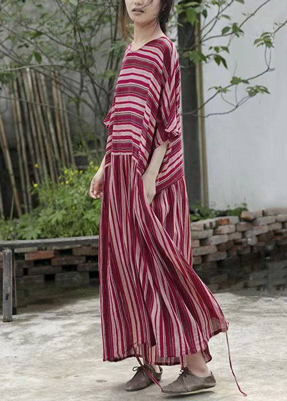 Loose Striped O-Neck Lace Up Cotton Long Dresses Batwing Sleeve