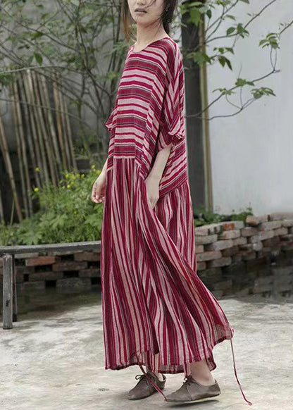 Loose Striped O-Neck Lace Up Cotton Long Dresses Batwing Sleeve