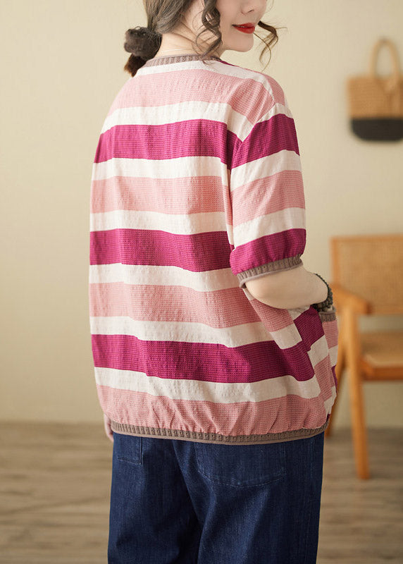 Loose Striped Patchwork O-Neck T Shirts Short Sleeve