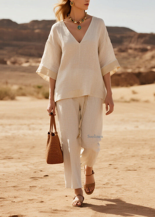 Loose V Neck Patchwork Casual Linen Two Piece Suit Set Summer