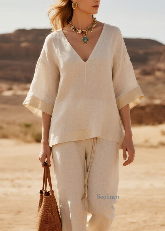 Loose V Neck Patchwork Casual Linen Two Piece Suit Set Summer