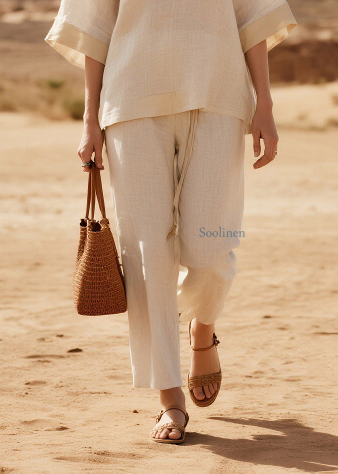Loose V Neck Patchwork Casual Linen Two Piece Suit Set Summer