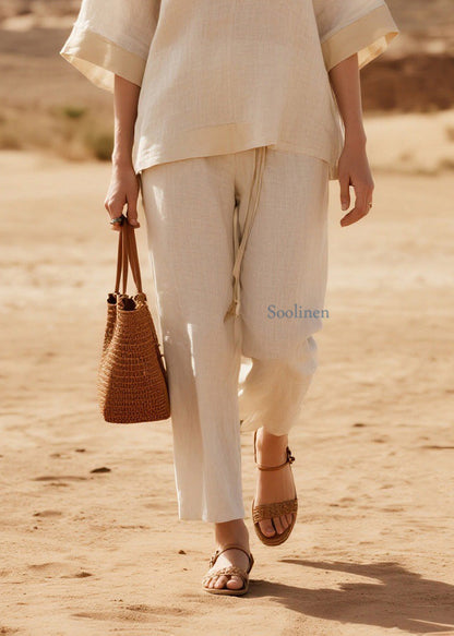 Loose V Neck Patchwork Casual Linen Two Piece Suit Set Summer