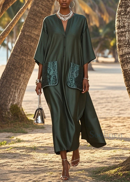 Loose V Neck Pockets Patchwork Silk Long Dress Summer