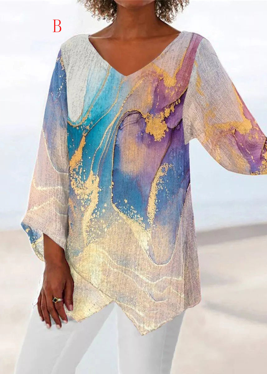 Loose V Neck Print Asymmetrical Design Cotton Top Summer