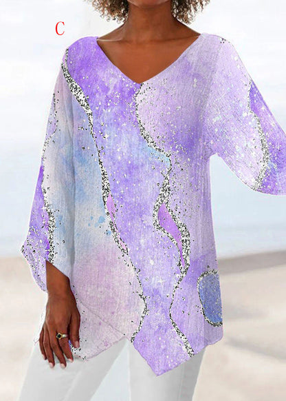 Loose V Neck Print Asymmetrical Design Cotton Top Summer