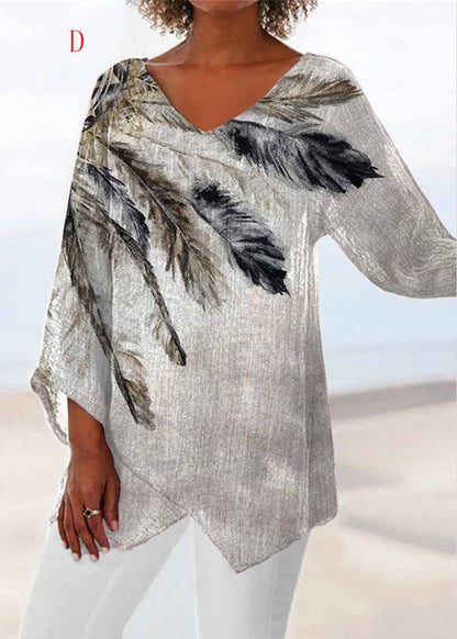 Loose V Neck Print Asymmetrical Design Cotton Top Summer