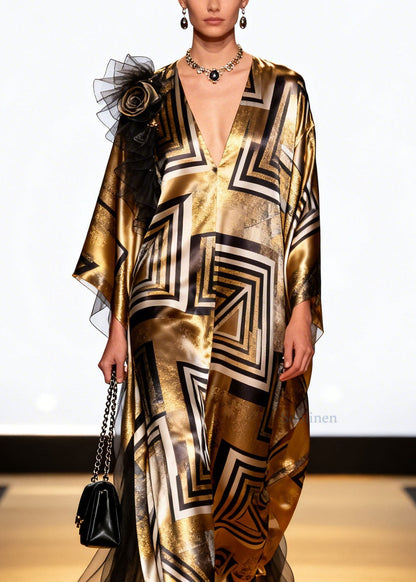 Loose V Neck Print Floral Patchwork Silk Long Dress Spring