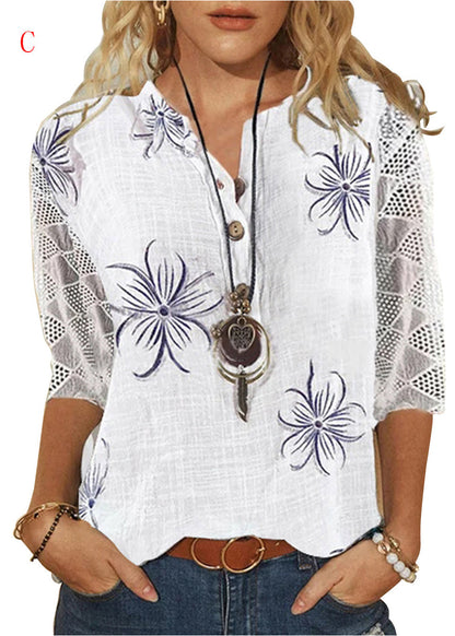 Loose V Neck Print Lace Patchwork Cotton Shirt Summer