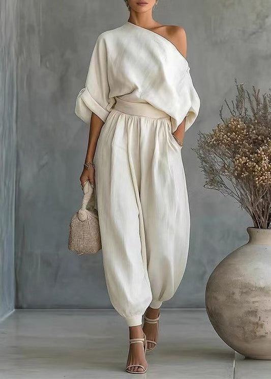 Loose White Cold Shoulder Linen Two Piece Set Women Clothing Summer
