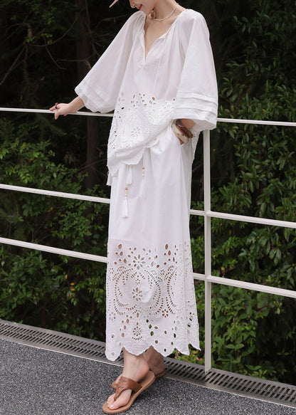 Loose White Lace Up Hollow Out Cotton Two Pieces Set Fall