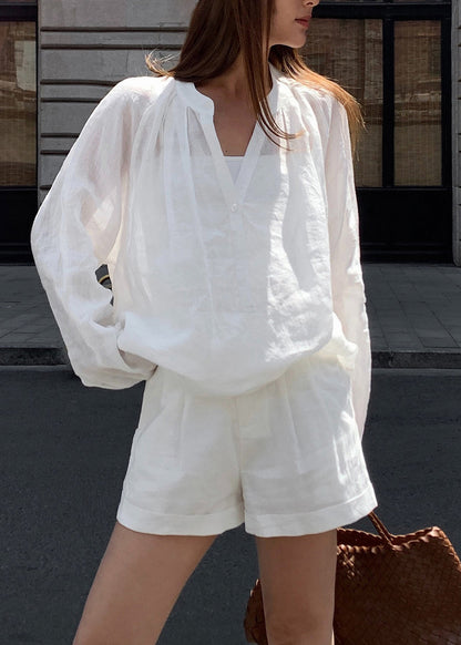 Loose White Long Sleeve Top And Shorts cotton blend Two Pieces Set