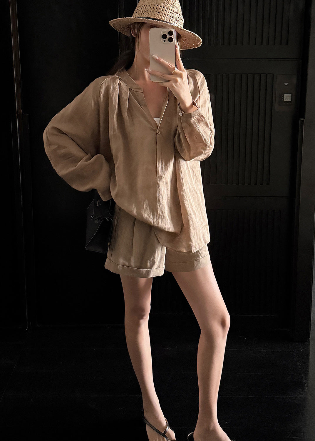 Loose White Long Sleeve Top And Shorts cotton blend Two Pieces Set