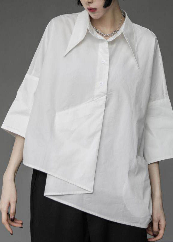 Loose White Peter Pan Collar Asymmetrical Solid Shirts Three Quarter Sleeve