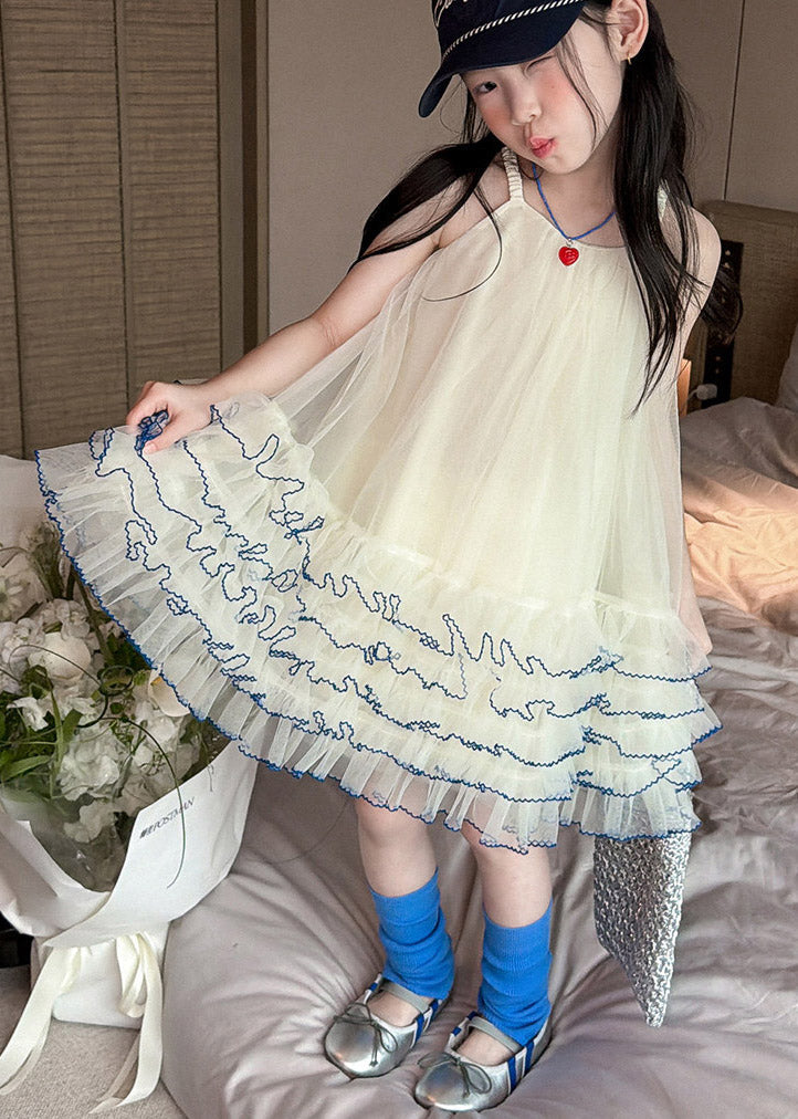 Lovely Apricot Ruffled Patchwork Tulle Girls Long Spaghetti Strap Dress Summer