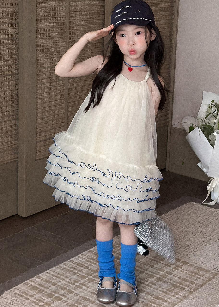 Lovely Apricot Ruffled Patchwork Tulle Girls Long Spaghetti Strap Dress Summer
