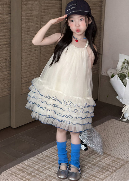 Lovely Apricot Ruffled Patchwork Tulle Girls Long Spaghetti Strap Dress Summer