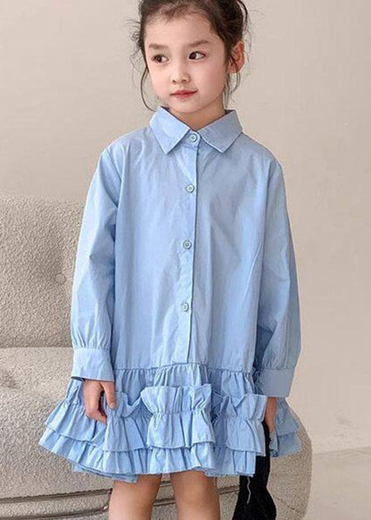 Lovely Blue Peter Pan Collar RuffledKids Girls Long Shirt Dress Spring