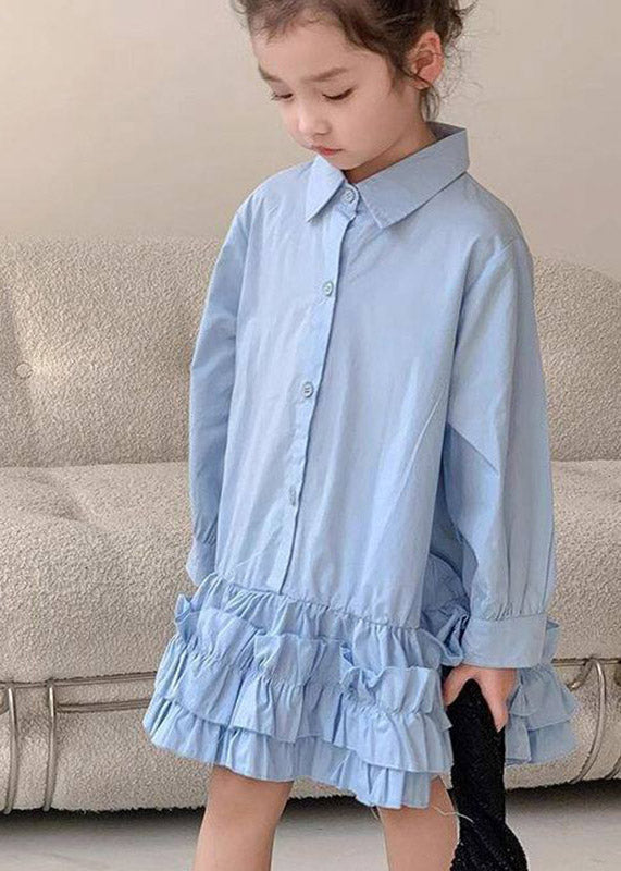Lovely Blue Peter Pan Collar RuffledKids Girls Long Shirt Dress Spring