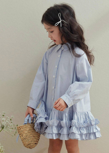Lovely Blue Peter Pan Collar RuffledKids Girls Long Shirt Dress Spring