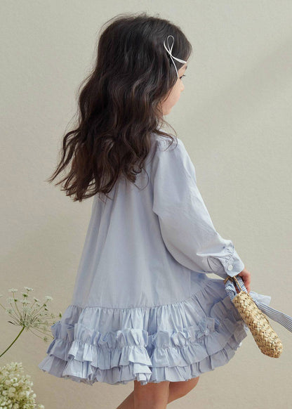 Lovely Blue Peter Pan Collar RuffledKids Girls Long Shirt Dress Spring