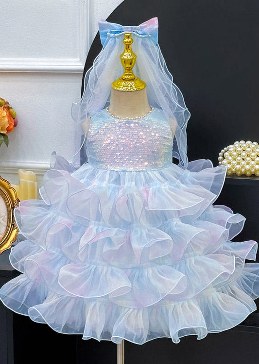 Lovely Blue Sequins Patchwork Tulle Girls Maxi Dress Summer