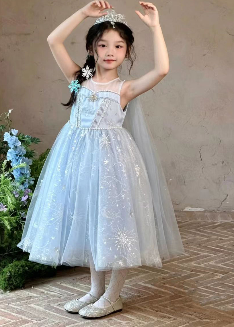 Lovely Blue Sequins Pearl Tulle Kids Girls Robe Dresses Summer