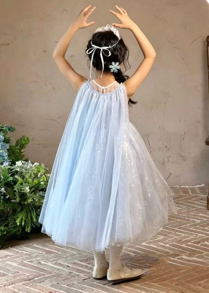 Lovely Blue Sequins Pearl Tulle Kids Girls Robe Dresses Summer