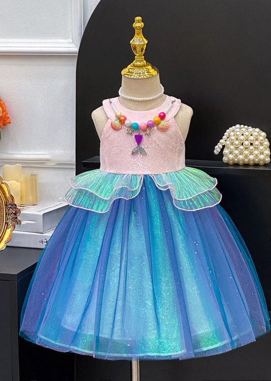 Lovely Colorblock Tulle Girls Maxi Dresses O-Neck Patchwork Summer