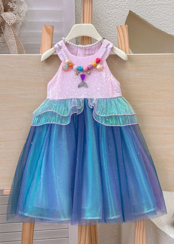 Lovely Colorblock Tulle Girls Maxi Dresses O-Neck Patchwork Summer