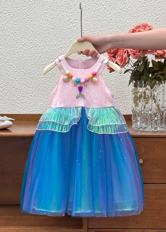 Lovely Colorblock Tulle Girls Maxi Dresses O-Neck Patchwork Summer