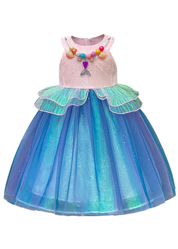 Lovely Colorblock Tulle Girls Maxi Dresses O-Neck Patchwork Summer
