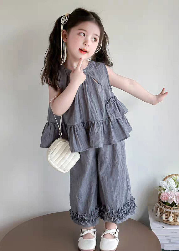 Lovely Grey Ruffled Patchwork Kids T Shirt And Crop Pants Two Piece Set Sleeveless