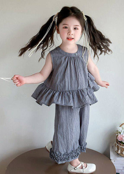 Lovely Grey Ruffled Patchwork Kids T Shirt And Crop Pants Two Piece Set Sleeveless