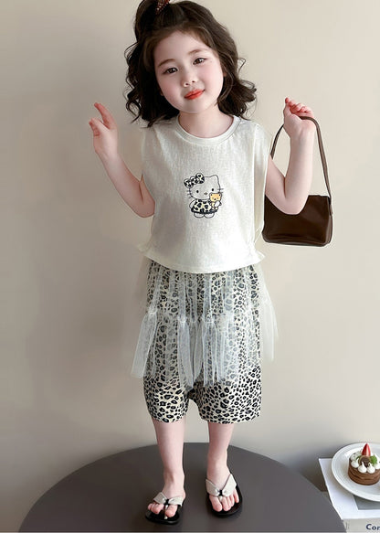 Lovely Oversized Leopard Print Cotton Baby Girls Three Pieces Set Summer