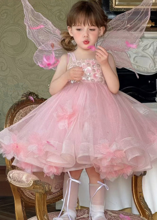 Lovely Pink Embroideried Patchwork Tulle Girls Long Spaghetti Strap Dress Sleeveless