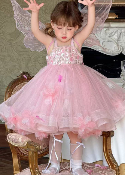 Lovely Pink Embroideried Patchwork Tulle Girls Long Spaghetti Strap Dress Sleeveless